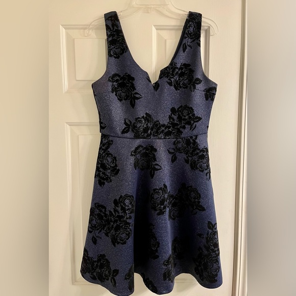 Navy Blue Floral Moonlight Sparkly Dress Homecoming - Picture 1 of 3